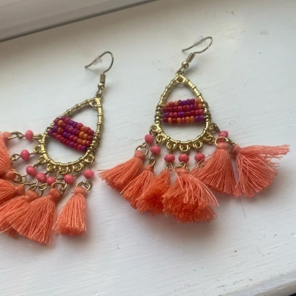 Anthropologie Fringe Beaded Coral Earrings